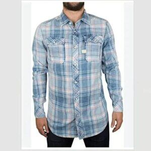 G-Star Raw Landoh Plaid Pearl Snap Shirt Size L Western Faded Blue Casual